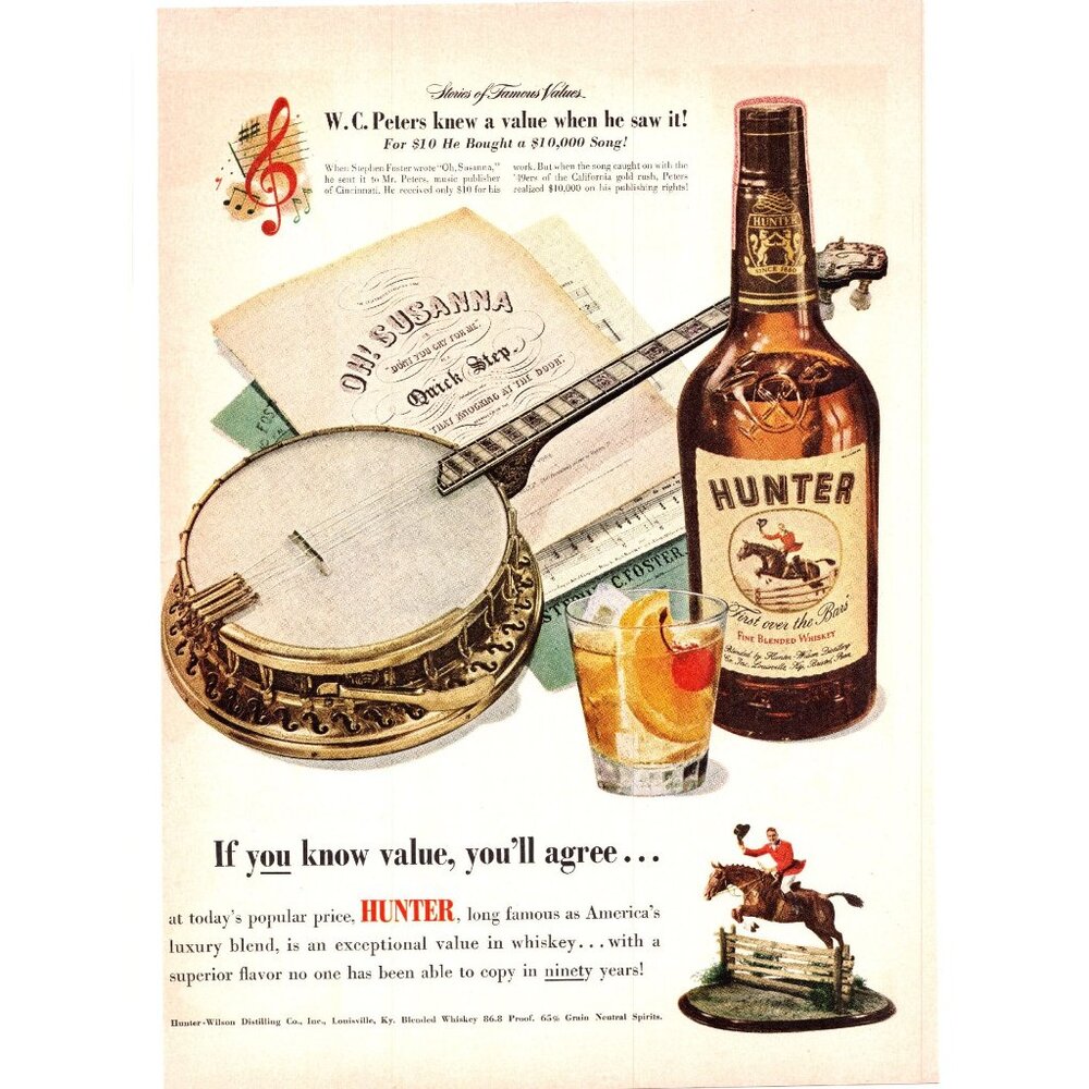 1950 Hunter Whiskey Vintage Print Ad Banjo Oh Susanna Sheet Music 50s Wall Art